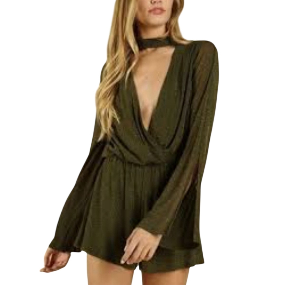 Honey Belle Whimsigoth Shimmering Olive Long Sleeve Night Out Glam Romper Sz M
